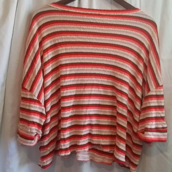 MTS Large Striped Scoop-Neck Knit Shirt Coral Cream Soft Retro 70s 80s Cuff Cozy - Picture 2 of 6